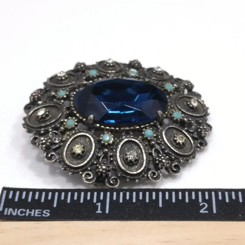 Florenza Blue Faceted Glass Brooch & Pendant, Antique Silver Tone, Gold Plated